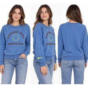 American Eagle Seriously Lived In Blue Smiley Crewneck Sweatshirt Medium Oversiz